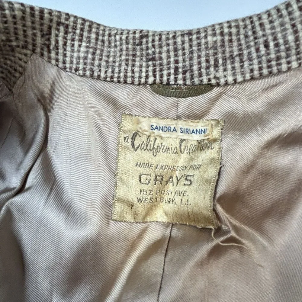 True Vintage 50s Tweed Jacket Blazer Womens XS Brown Cream Sandra Sirianni
